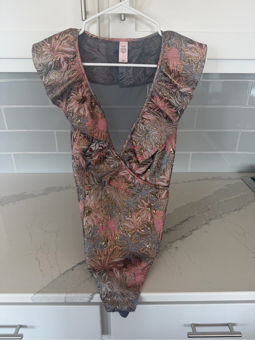 Women's V-Neck Metallic Floral Top in Pink and Gray - bodysuit